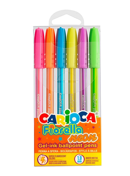 CARIOCA Bolígrafos del Gel Neón | Caja de 6 Bolígrafos de Gel Fiorella colores Neón | Para el Colegio, Universidad y Oficina | Punta de Ø 0,1 mm | 6 piezas