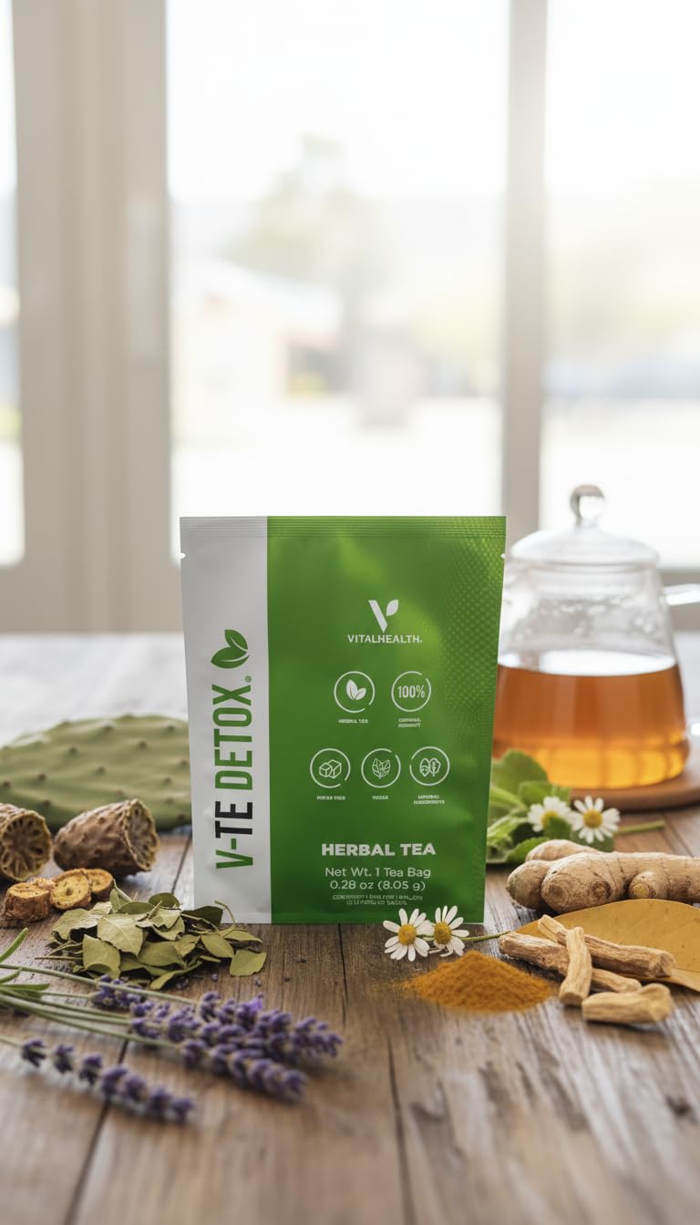 VITALHEALTH V-TE DETOX Té Herbal Original – Detoxificación Natural con Senna y Cardo Mariano | Vegano, Sin Azúcar | Rinde 4 litros | Bienestar Digestivo