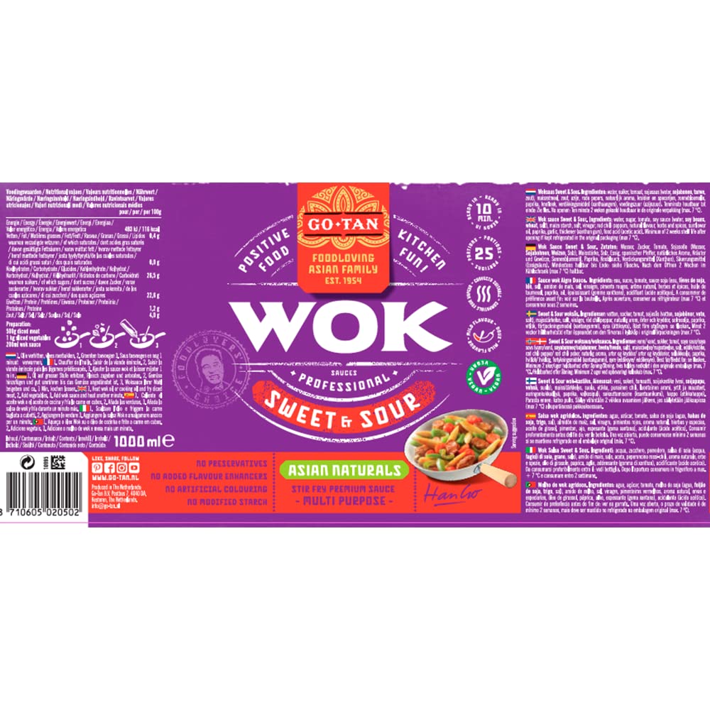 Go-Tan Salsa Agridulce, Salsa Asiática, Condimento para Wok, Tomate, Soja, Hiervas y Pimiento Rojo - Agridulce, 1 L (Paquete de 1)