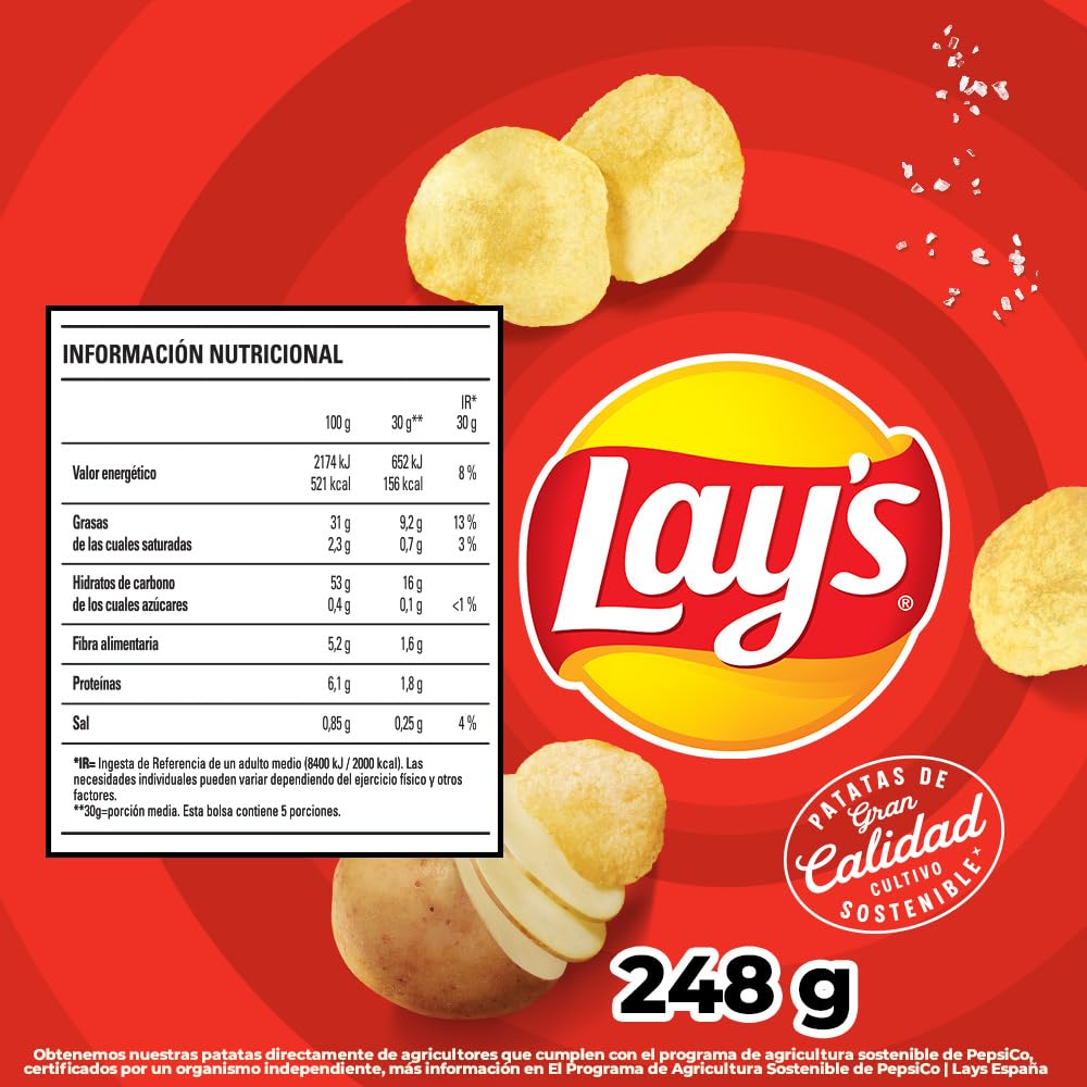 Lay's al punto de sal, Patatas Fritas de cultivos sostenibles con sabores vegetales, Producto de Aperitivo, bolsa familiar, 248 g