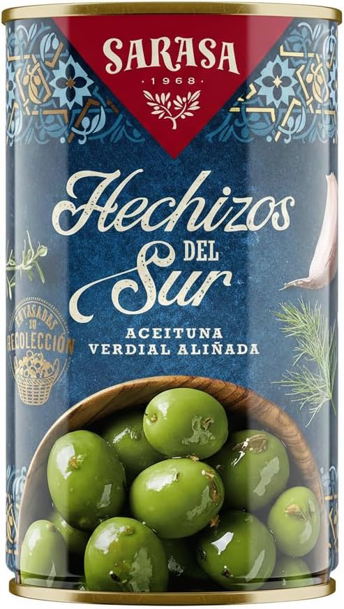 Aceitunas Verdial Aliñadas con Receta Tradicional, Sabor Intenso con Ajo y Hierbas Aromáticas, Textura Firme, SARASA Hechizos del Sur - Formato Gran Consumo de 4200g - NEXU