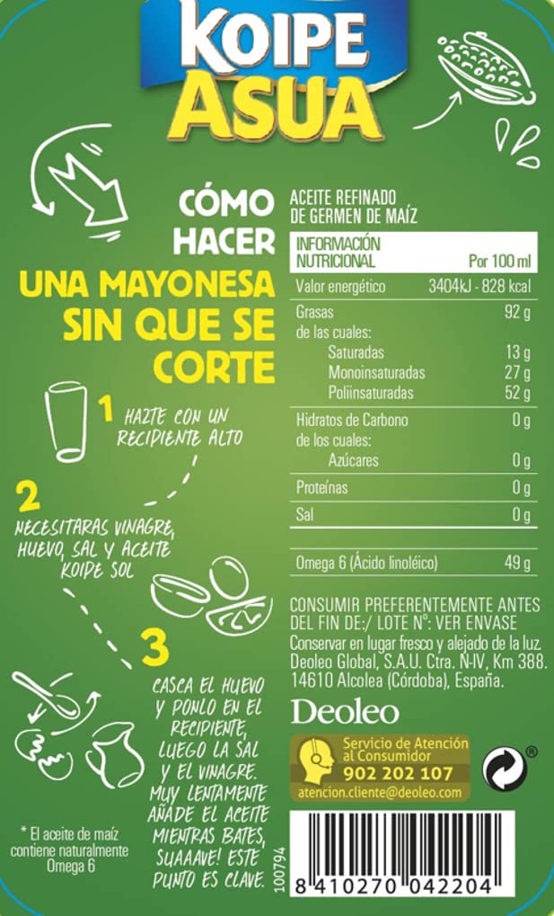 Koipe Asua -Aceite Refinado de Germen de Maíz no modificado genéticamente rico en Omega 6 - Botella de 1 L