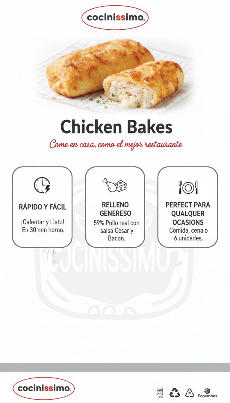 Cocinissimo Chicken Bakes - Pack 6 Enrollados de Pollo con Salsa César, Queso Mozzarella y Bacon Ahumado (1,35 kg) - Comida Preparada, Calentar y Listo - Envío Refrigerado con Cadena de Frío