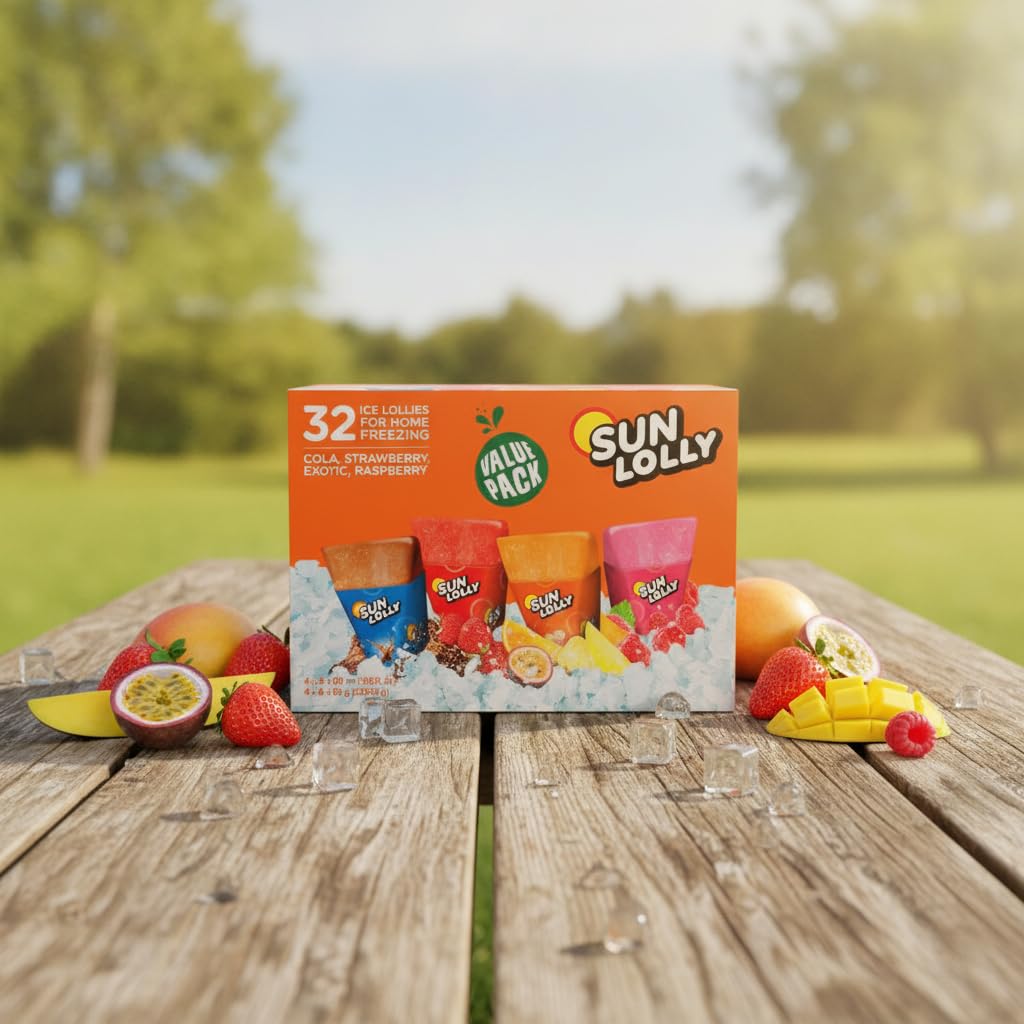 Pack Ahorro de 32 Polos para Comer en Casa - 4 Sabores Frutales: Cola, Fresa, Exótico y Frambuesa - Sin Conservantes - Sun Lolly - Formato Familiar 32 x 60ml (1,92 Litros) - NEXU