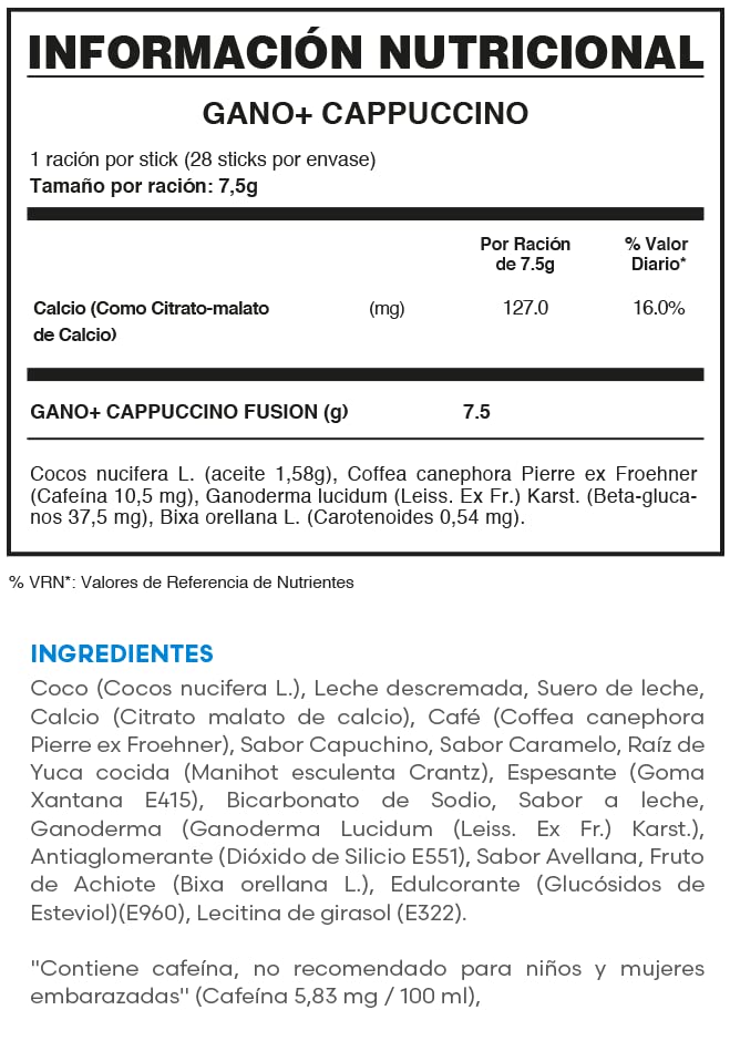 FUXION - GANO+ Cappuccino con Ganoderma Lucidum | Café Soluble Antioxidante | Bebida Cremosa con Micronutrientes para Defensas | Bienestar Diario | Fácil Preparación | 1 CAJA CON 28 STICK