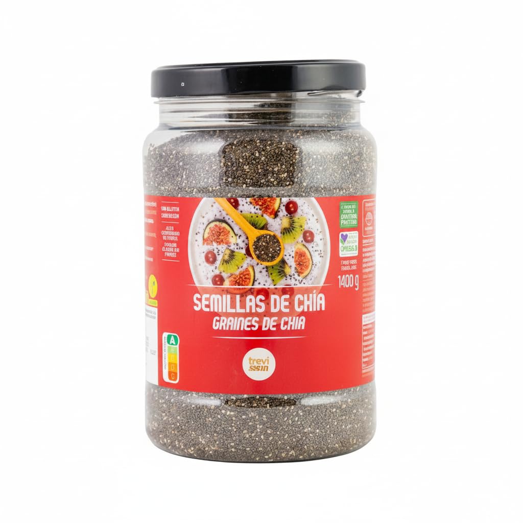 Semillas de Chía 1400g - Superalimento Natural Rico en Omega-3, Fibra y Proteína Vegetal - Sin Gluten y Vegano - Trevissan - Formato Ahorro en Bote Hermético - NEXU
