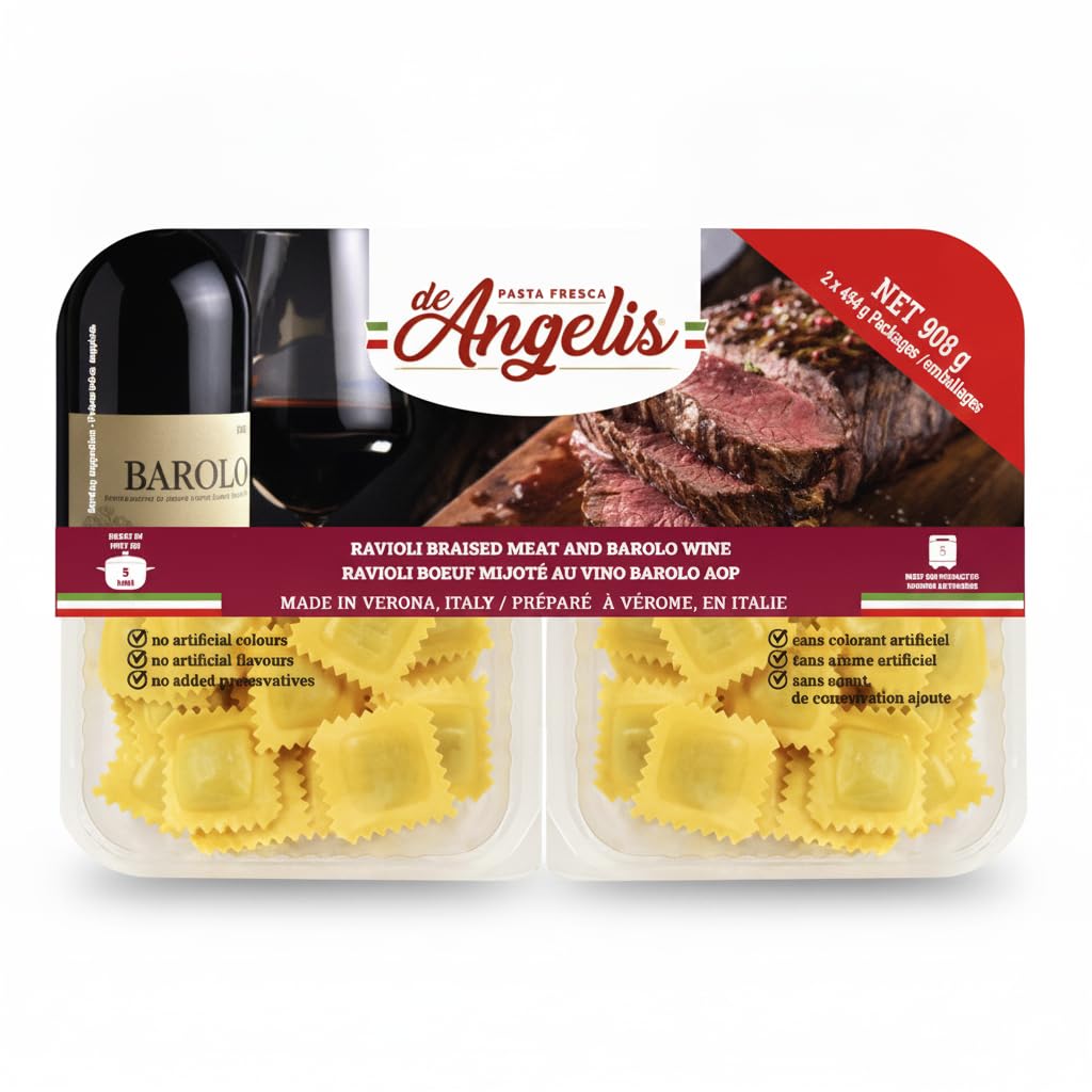 Ravioli de Pasta Fresca al Huevo con Relleno de Carne de Vacuno Estofada y Vino Barolo DOP - Pack Ahorro 908g (2x454g) - Pasta Italiana de Verona Lista en 5 Minutos - NEXU