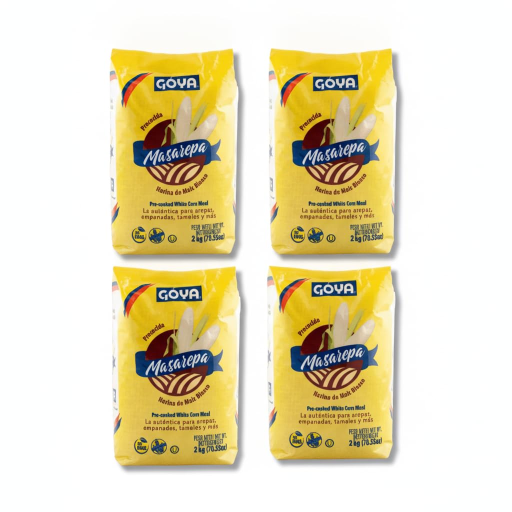 Harina de Maíz Blanco Precocida - Pack Ahorro 8kg (4 Unidades de 2kg) - Harina de Maíz para Arepas, Empanadas y Tamales - Goya - Sin Gluten, No OMG, Certificado Kosher