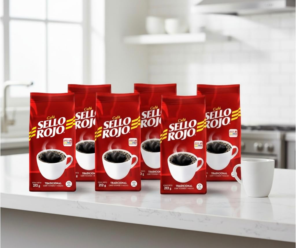 Pack de 6 x 212g (1.27kg Total) - Café 100% Colombiano Tostado y Molido - Aroma Intenso y Cuerpo Consistente - Café Sello Rojo Tradicional - Sabor Clásico de Colombia para el Hogar - NEXU