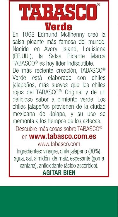 Tabasco - Verde, Salsa Picante Sabor Suave, Elaborada Con Chiles Jalapeños, Producto Típico Cocina Tex-mex, 60 Mililitro