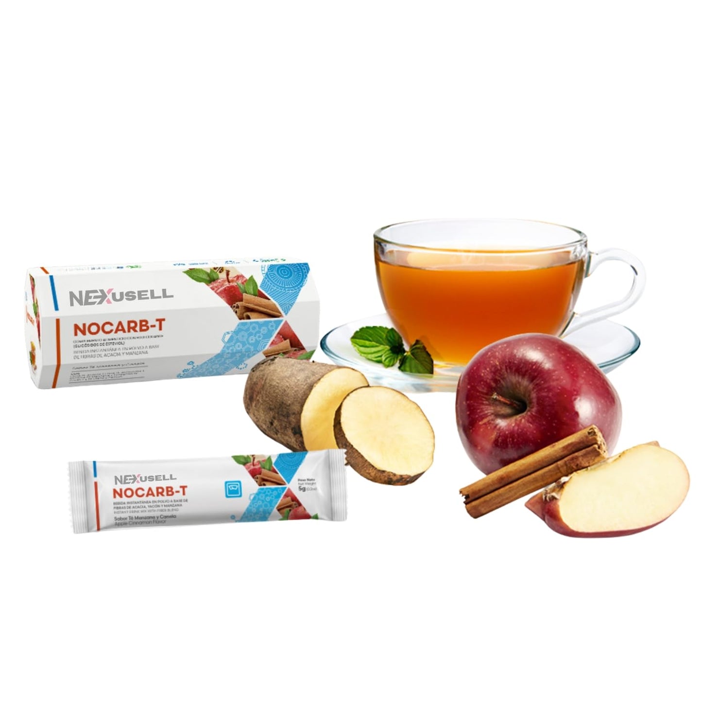 NOCARBT | Té Natural con Fibras Solubles + Té Verde + Canela | Control de Azúcar y Carbohidratos | Apoyo al Metabolismo de la Glucosa | Sabor Manzana & Canela | 1 CAJA CON 7 Sticks (1)