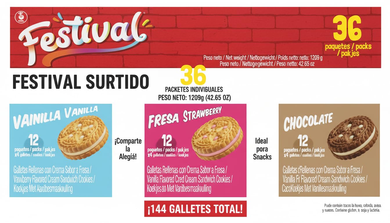 Noel Festival Surtido de Galletas Rellenas tipo Sándwich - 36 Paquetes Individuales (144 Galletas) - Sabores Vainilla, Fresa y Chocolate, 1209g - Snack Ideal para Merienda y Niños