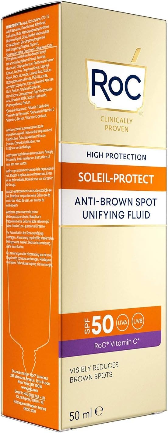 RoC - Soleil-Protect Fluido Unificador Anti Mancha Marrón SPF 50 - Crema Hidratante Facial con Vitamina C - Reduce las Manchas Marrones - 50 ml