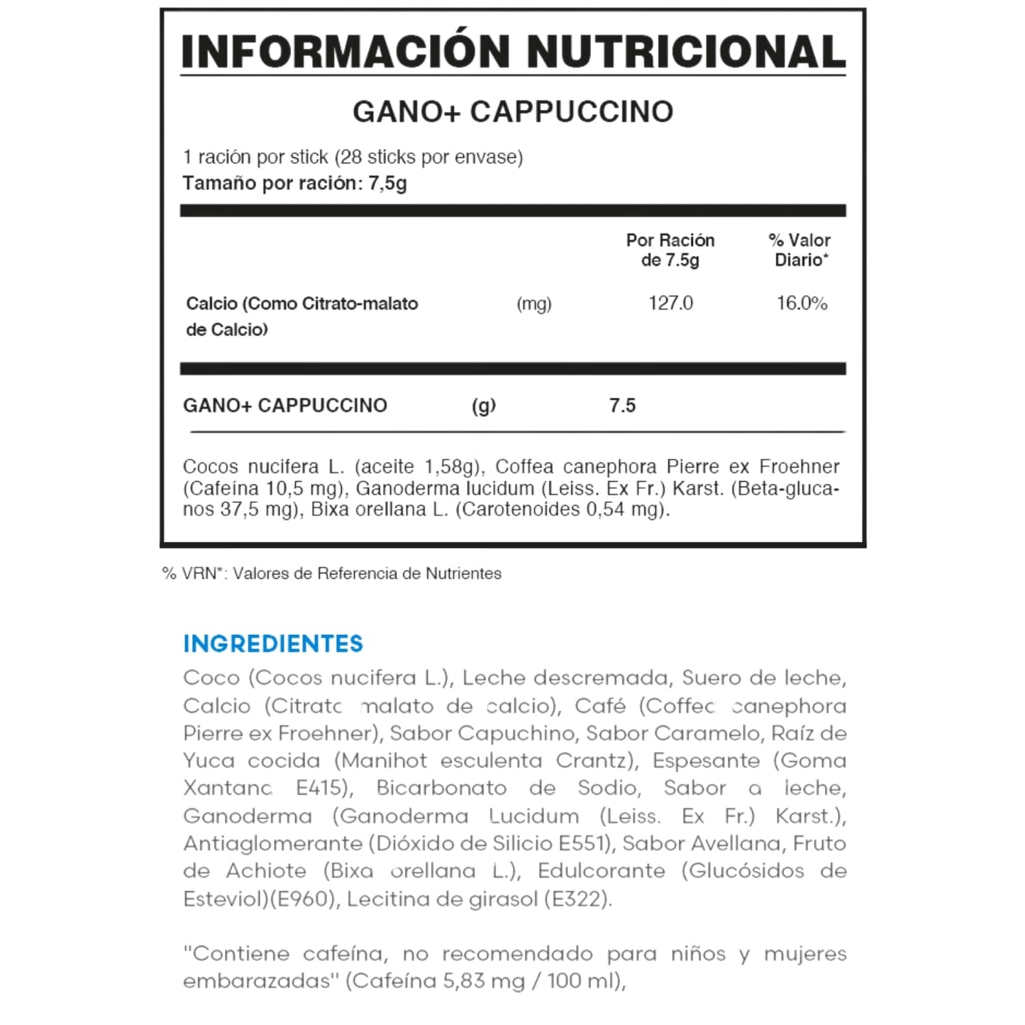 CAFÉ GANO+ CAPPUCCINO - con Ganoderma Lucidum y Micronutrientes – Bebida Instantánea Funcional Antioxidante |1 CAJA de 28 Sobres DE 7,5GR | Sabor Suave y Natural | Apoyo Inmunológico Diario