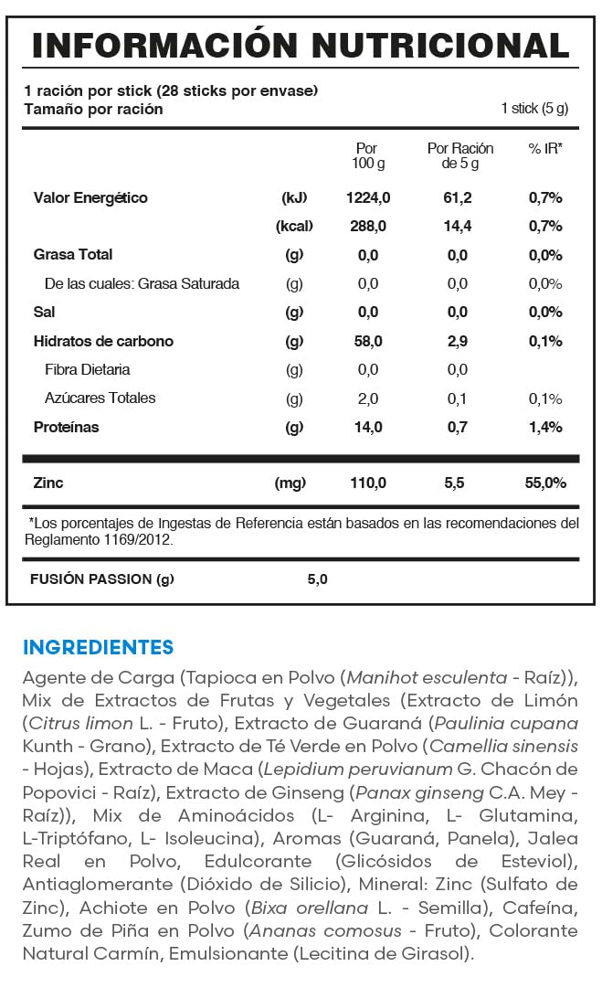 FUXION - PASSION Té Funcional | Mezcla de Aminoácidos + Maca + Ginseng + Jalea Real + Zinc | Energía y Vitalidad Natural para Hombre y Mujer | 1 Caja con 28 Sticks de 5g