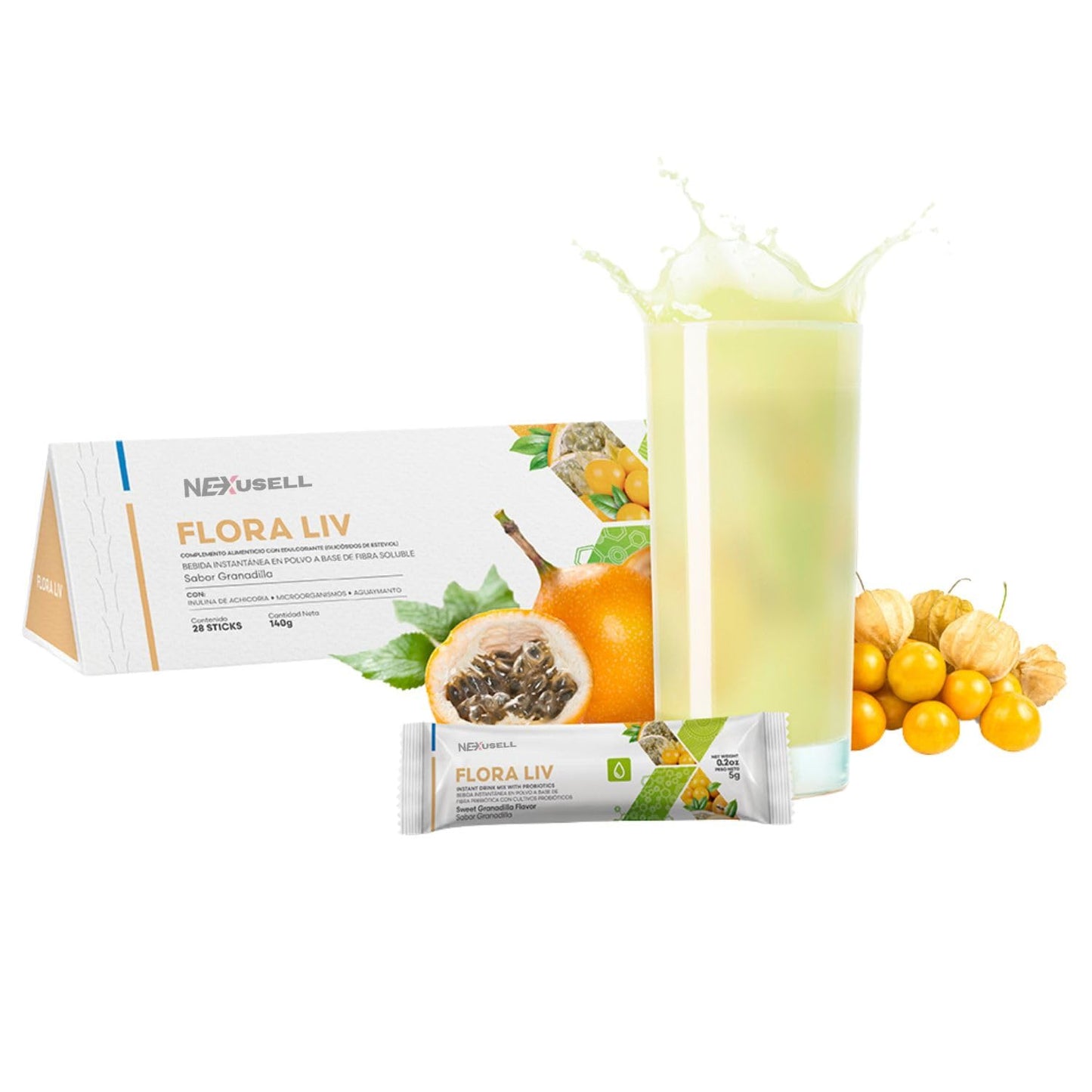 FLORA LIV- té frutal en polvo- TE CON FIBRA PREBIÓTICA + EXTRACTO DE PULPA DE GRANADILLA - MEJOR SALUD DIGESTIVA y ACTIVAR las defensas naturales / 1 CAJA CON 28 STICK