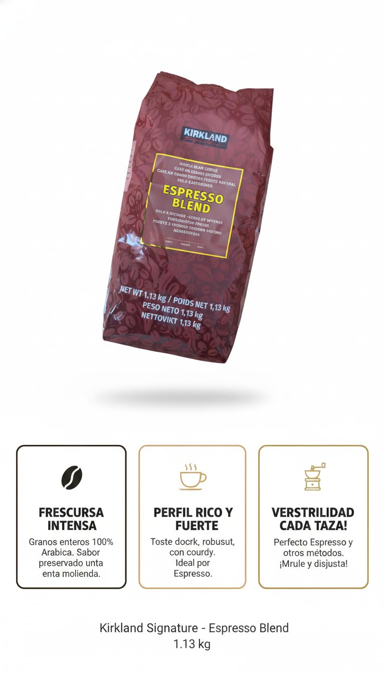 Café Espresso Blend - Kirklan en Grano Entero 1,13 kg, 100% Arábica, Tueste Natural Oscuro, Sabor Fuerte e Intenso, Ideal para Cafeteras Espresso y Automáticas