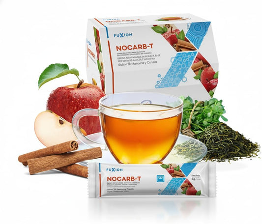 FUXION - NOCARB T | Té de Fibras Solubles Naturales (Yacón, Acacia, Inulina, Pectina de Manzana) + Canela + Té Verde + Cromo | Control de Azúcar y Carbohidratos | Sabor Manzana & Canela | 1 Caja de 28 Sticks