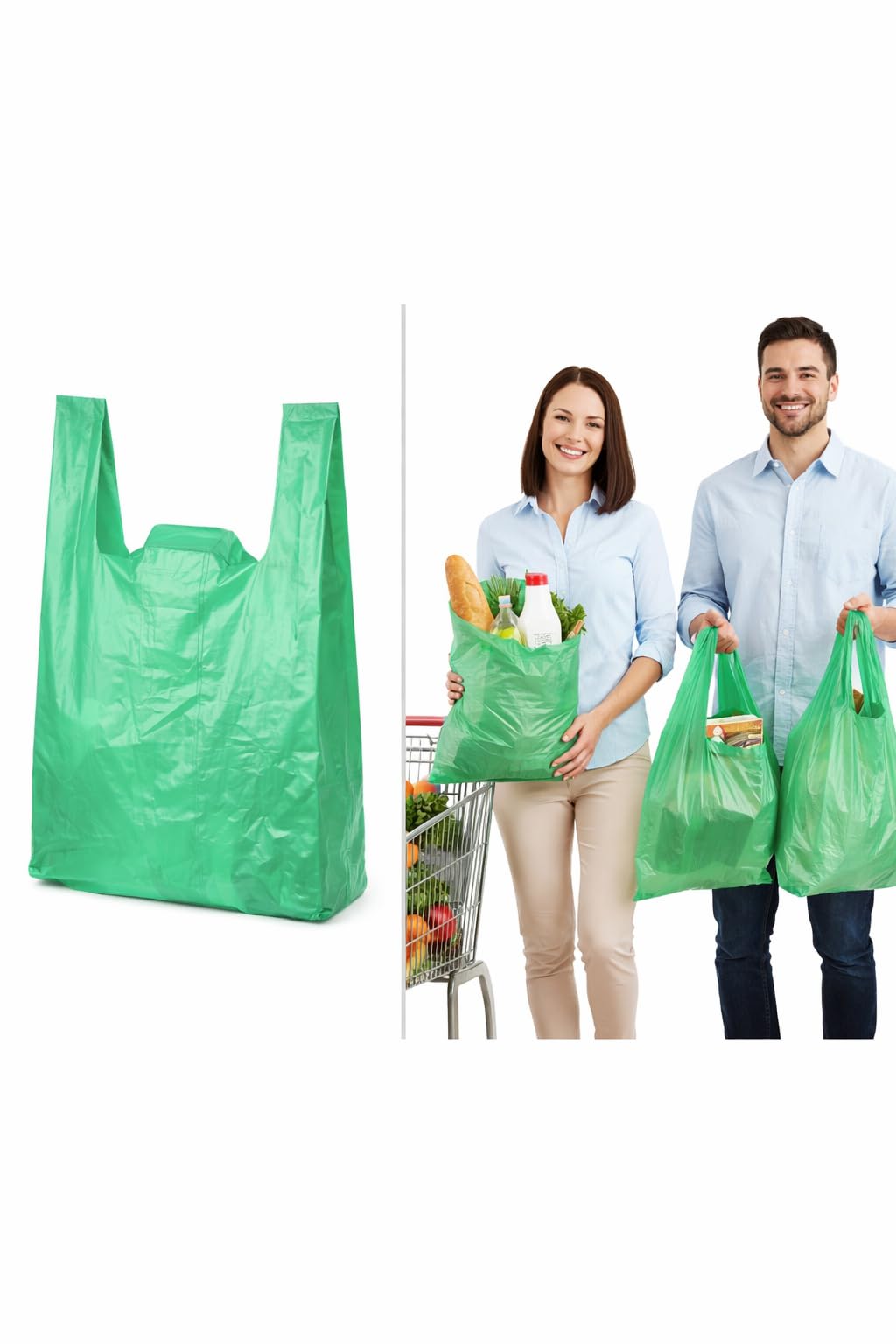 Bolsas plástico. Bolsas asas plástico. Bolsa Camiseta 70% reciclado 50 micras VERDES. Bolsa con asas. Paquete de 1 Kilo. (35x50 cm)