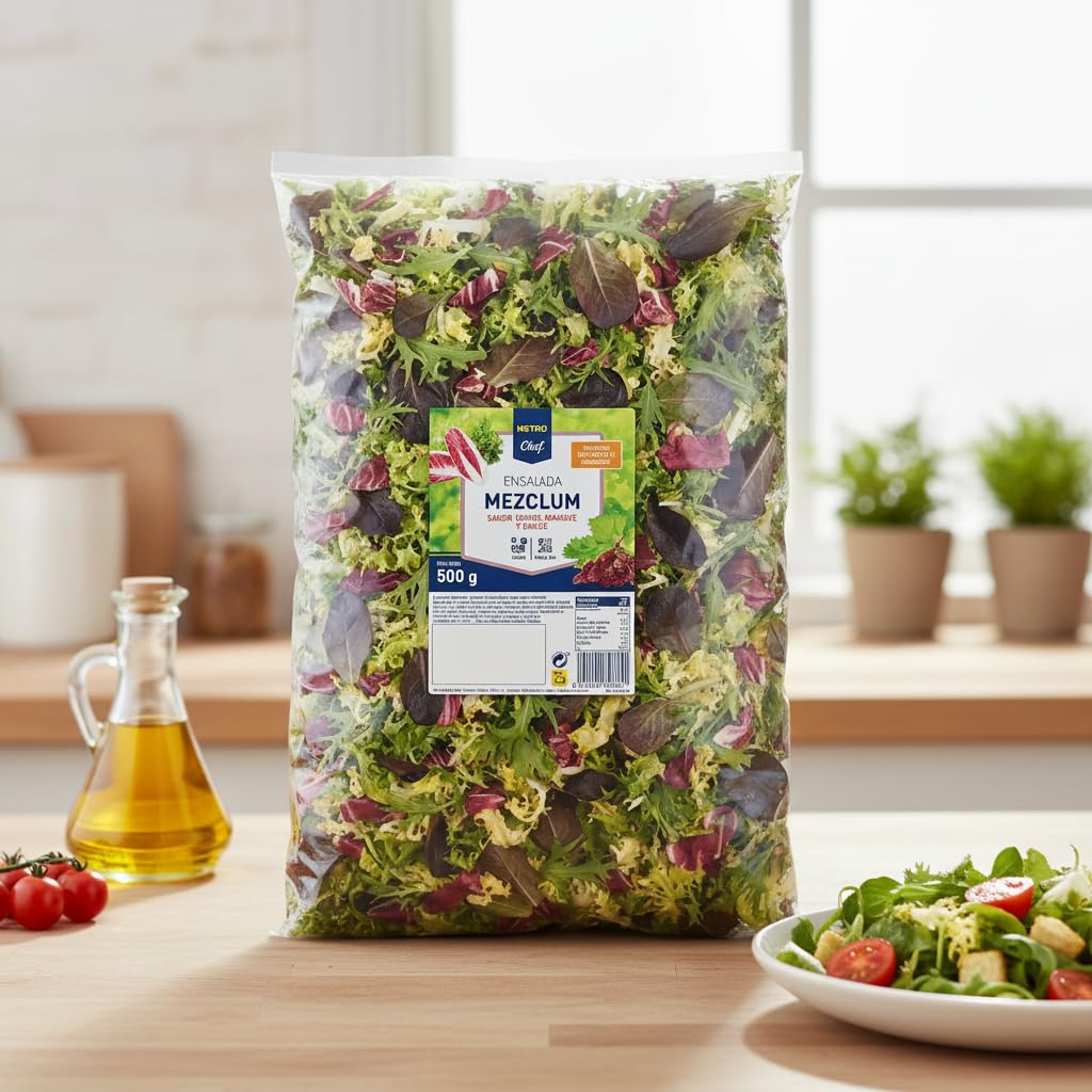 Ensalada Mezclum 500g - Mezcla de Escarola Rizada, Brotes de Lechuga Roja, Radicchio y Mizuna - Lavada y Lista para Consumir - Metro - Ideal para Hostelería y Familias - Fresca y Crujiente - NEXU