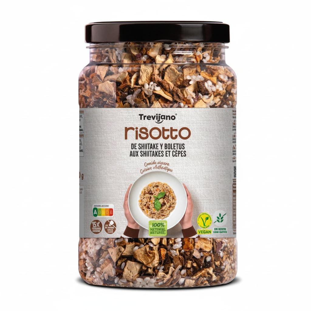 Risotto de Shiitake y Boletus 1400g - Preparado de Arroz con Setas y Verduras Deshidratadas, 100% Natural, Sin Gluten, Vegano, Nutri-Score A - Pack Familiar 15 Raciones - NEXU