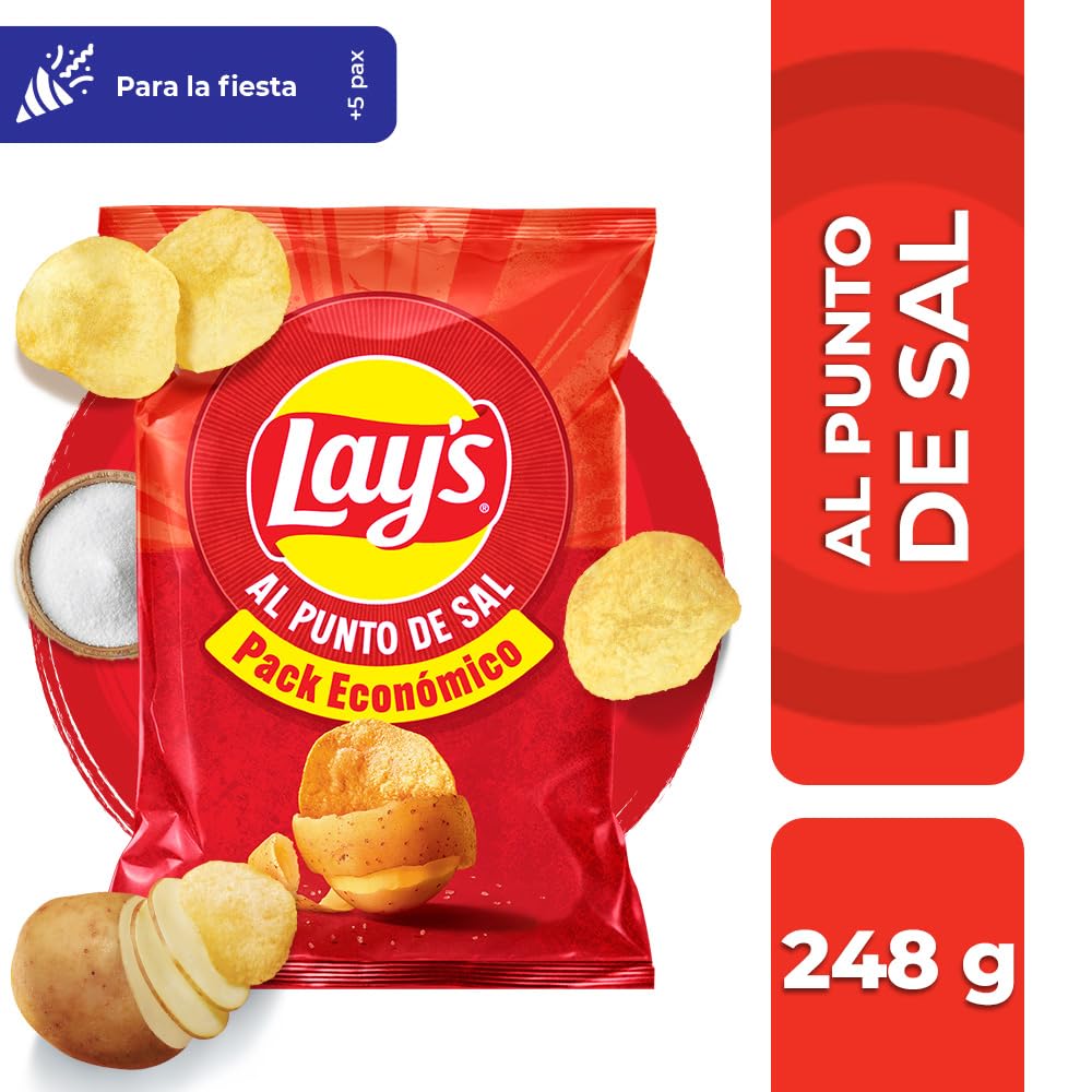 Lay's al punto de sal, Patatas Fritas de cultivos sostenibles con sabores vegetales, Producto de Aperitivo, bolsa familiar, 248 g