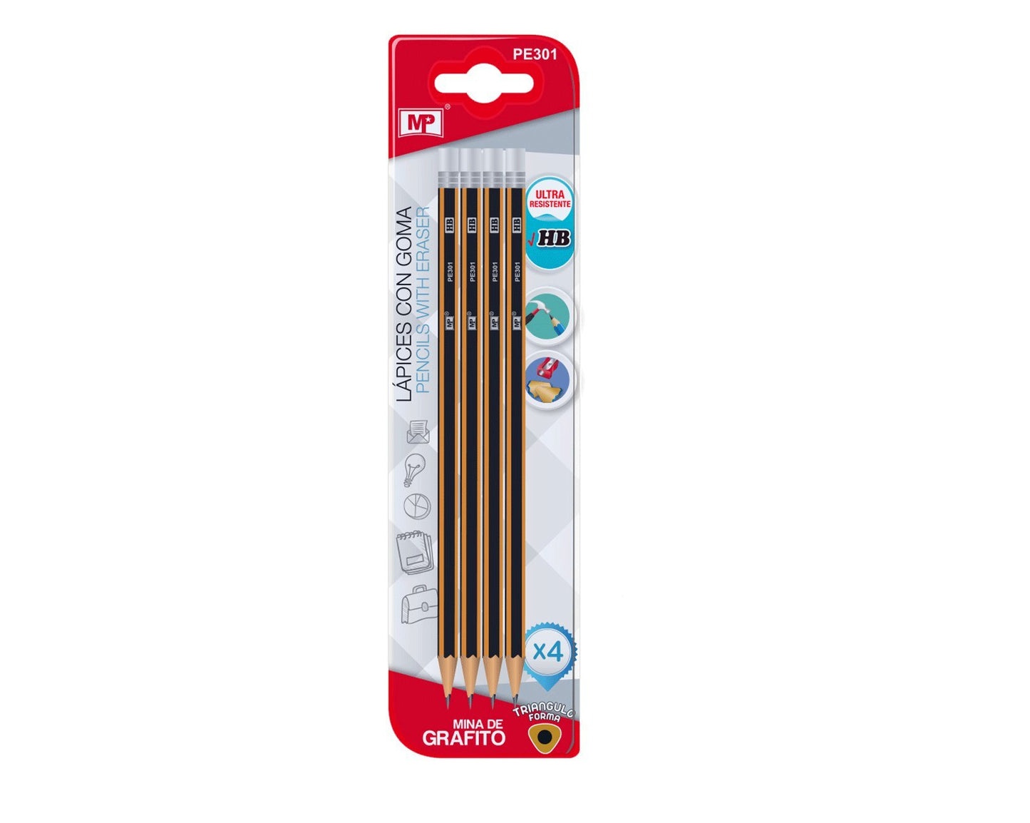 MP, Lápices HB con Goma de Borrar, Pack de 4, PE301