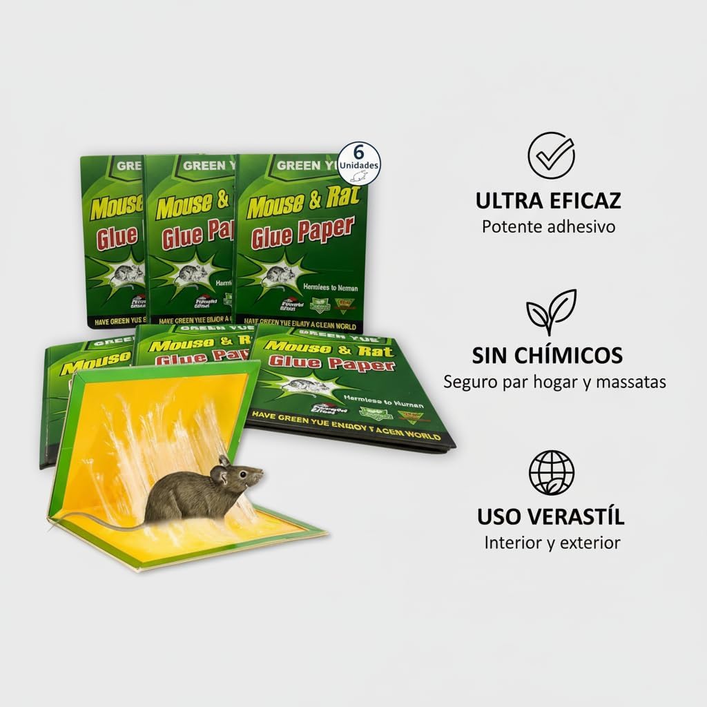 Trampas Adhesivas para Ratones y Ratas - Placas de Pegamento Ultra Eficaces Sin Químicos - Control de Plagas para Hogar Interior y Exterior - Fácil Uso y Seguro (6)