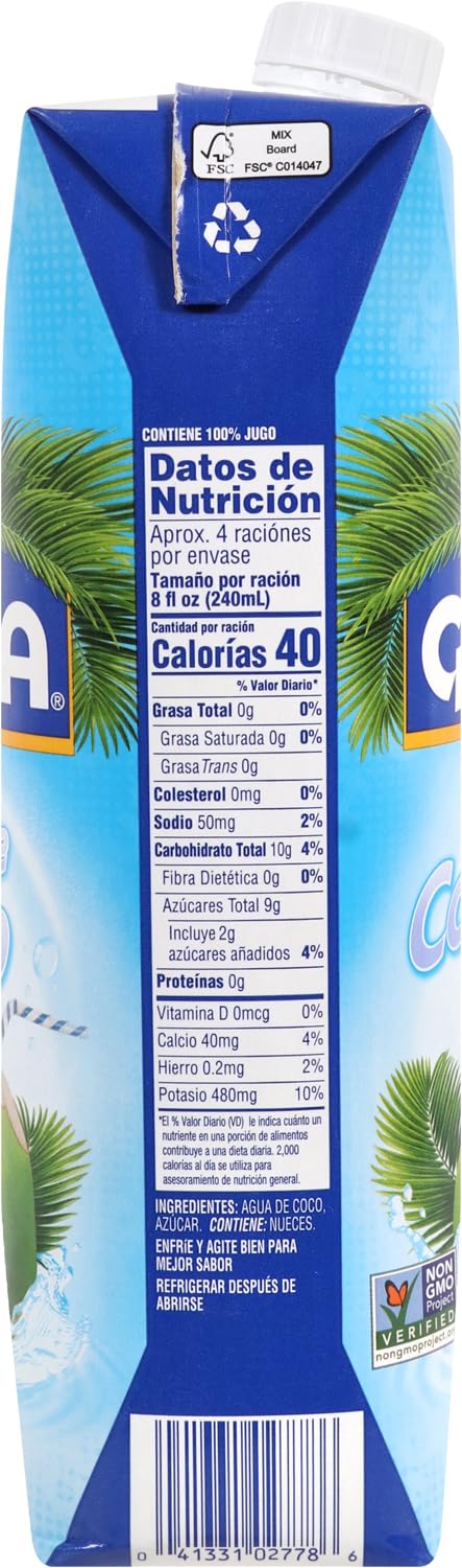 Goya Agua de Coco 1 L, 100% Agua de Coco Natural Sin Azúcar