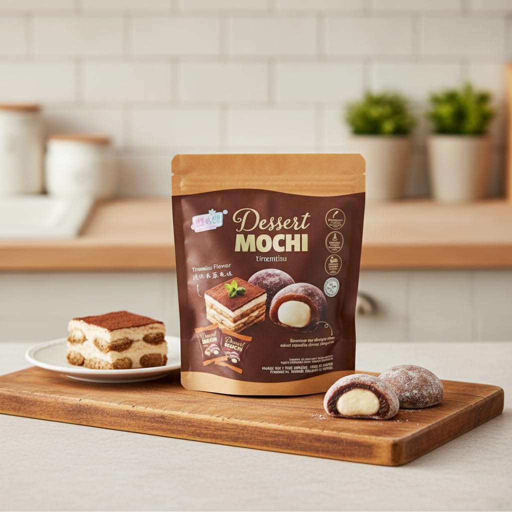 Mochi Relleno de Chocolate y Tiramisú - Dulce Japonés con Textura Elástica y Relleno Cremoso de Chocolate Blanco - Snack de Arroz Glutinoso con Cacao - Certificado Halal - Bolsa 120g - NEXU