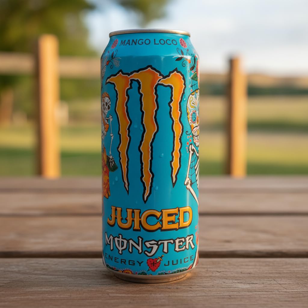 Juiced Mango Loco - Bebida Energética con 9% de Zumo de Frutas Exóticas - Lata de 500ml - Mezcla Energizante con Taurina, Cafeína y Vitaminas del Grupo B, Sabor Mango y Frutas Tropicales - NEXU