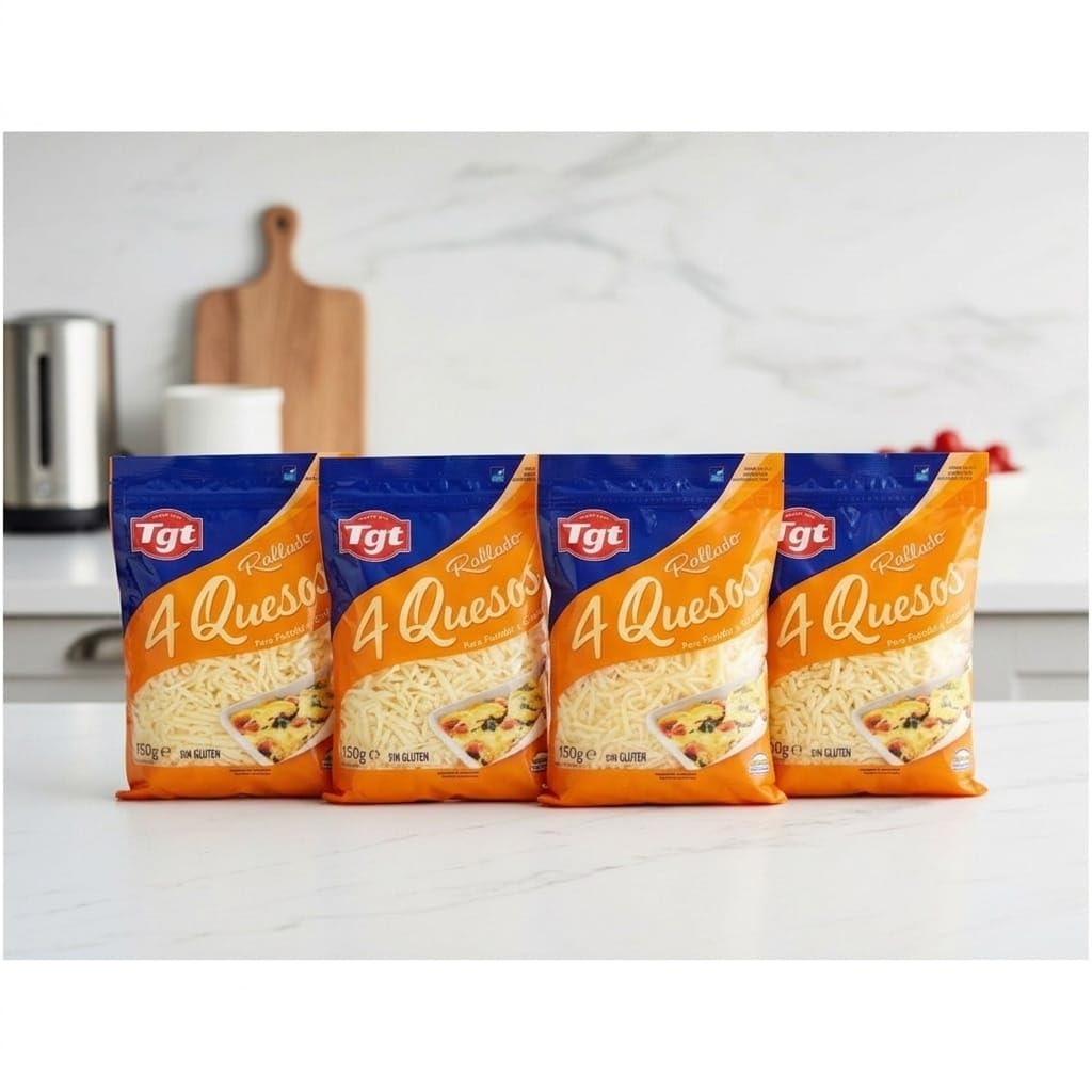 Rallado 4 Quesos para Fundir y Gratinar - Pack de 4 x 150g - Mezcla de Mozzarella, Gouda, Cheddar y Emmental - Sin Gluten - TGT - Especial para Pizza y Pasta - NEXU