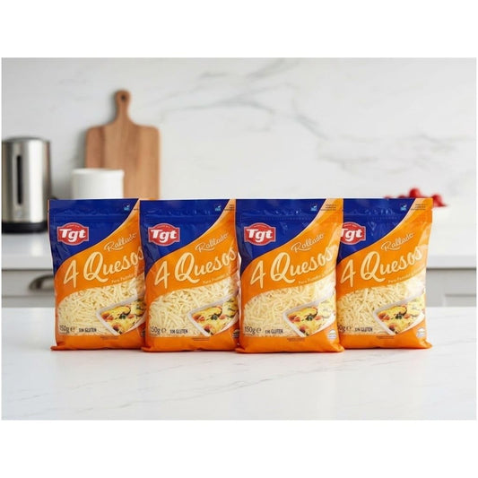 Rallado 4 Quesos para Fundir y Gratinar - Pack de 4 x 150g - Mezcla de Mozzarella, Gouda, Cheddar y Emmental - Sin Gluten - TGT - Especial para Pizza y Pasta - NEXU