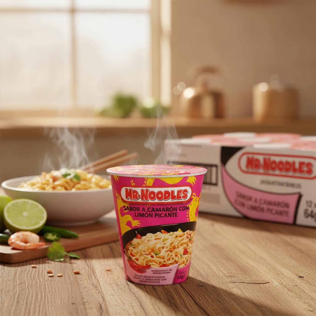 Fideos Instantáneos Sabor Camarón con Limón Picante - Pack de 12 Vasos de 64g - Sopa de Fideos Orientales Listos en 3 Minutos -Mr. Noodles - Ideal para Oficina o Viajes - NEXU