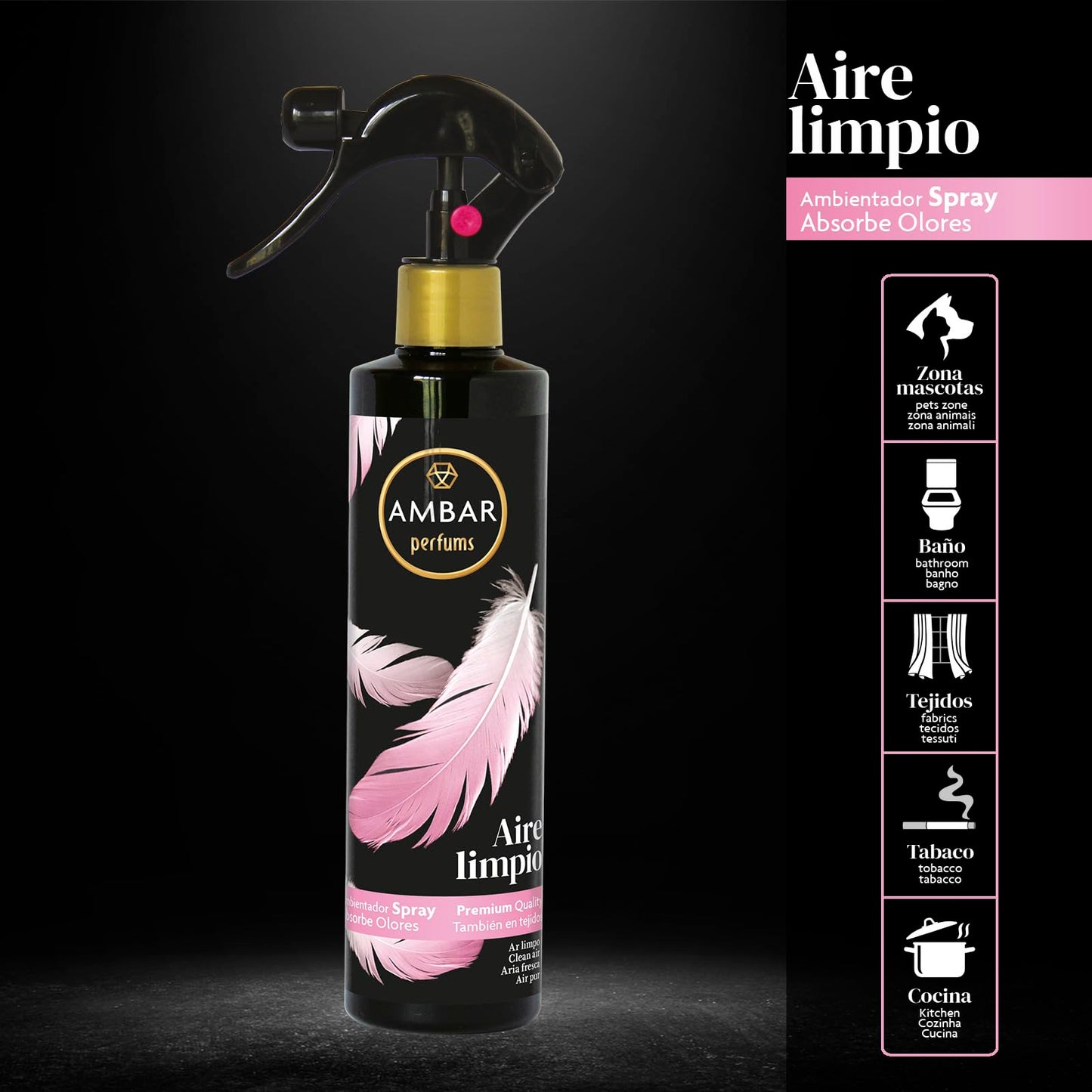 Ambar Perfums - Ambientador Spray Absorbe Olores Aire Limpio Especial Tejidos, ¡No mancha! Pack de 4 uds de 280 ml.