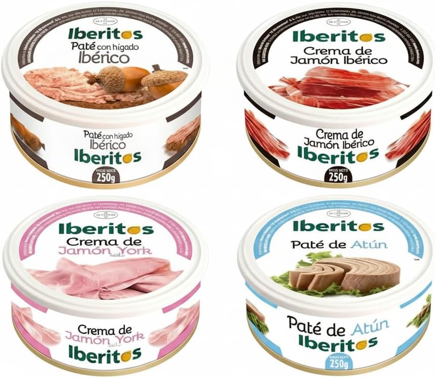 Pack Variado 4 Tarrinas de 250g - Paté de Hígado Ibérico, Crema de Jamón Ibérico, Jamón York y Atún - Lote Familiar de 1kg - Iberitos - Ideal para Desayunos y Aperitivos - NEXU