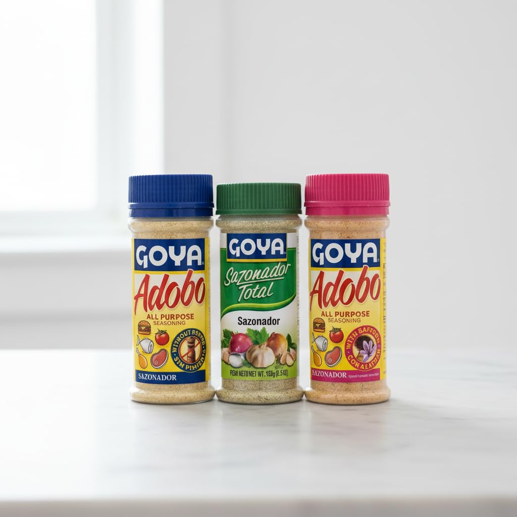 Pack de 3 Sazonadores: Adobo Sin Pimienta 226g - Sazonador Total 156g y Adobo con Azafrán 226g - Condimentos para Carnes, Aves y Guisos - Goya - Sabor Tradicional Latino - NEXU