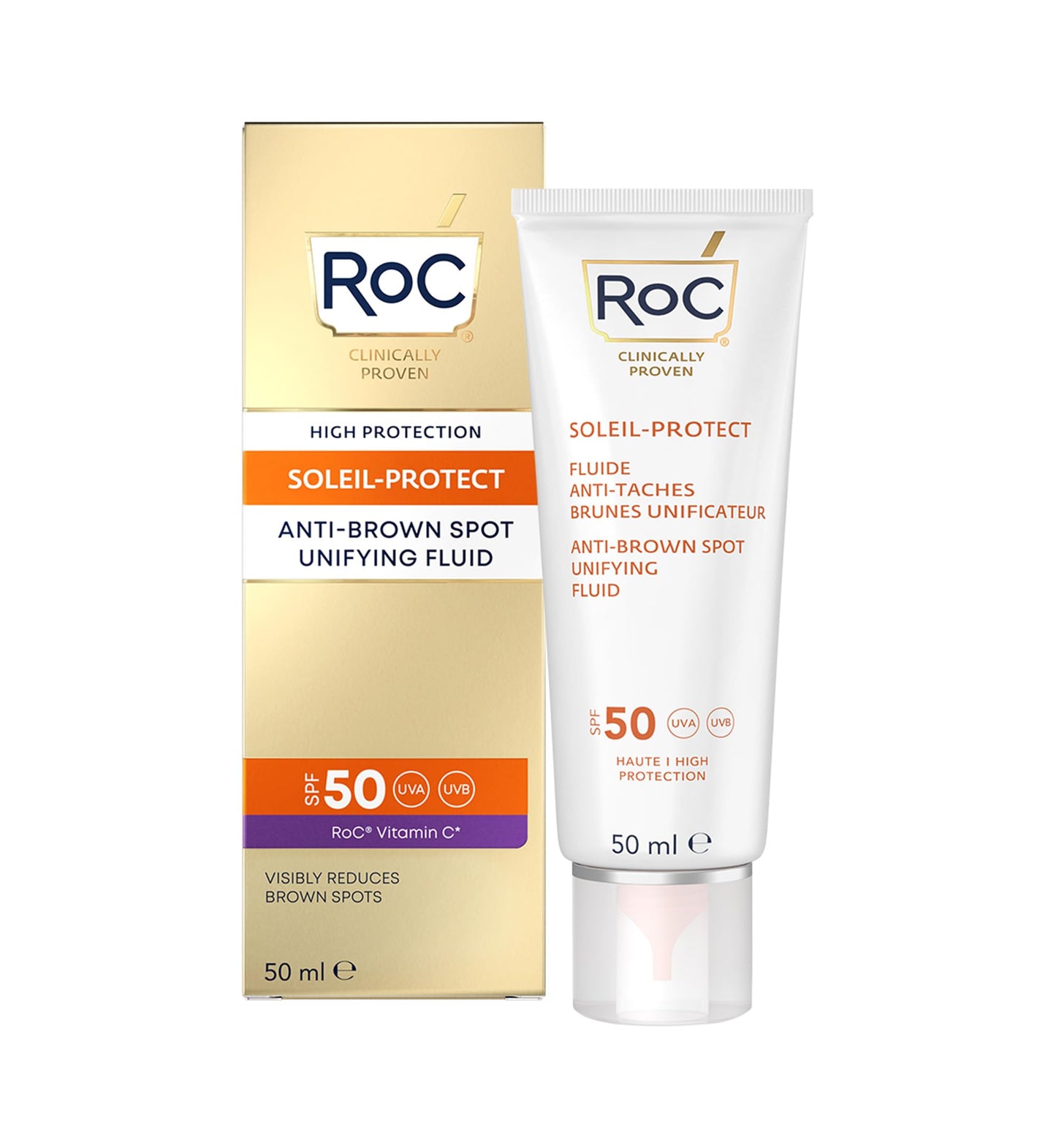 RoC - Soleil-Protect Fluido Unificador Anti Mancha Marrón SPF 50 - Crema Hidratante Facial con Vitamina C - Reduce las Manchas Marrones - 50 ml