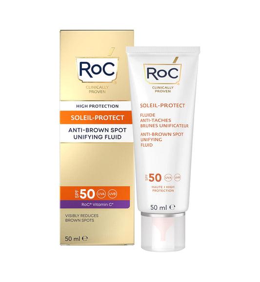 RoC - Soleil-Protect Fluido Unificador Anti Mancha Marrón SPF 50 - Crema Hidratante Facial con Vitamina C - Reduce las Manchas Marrones - 50 ml