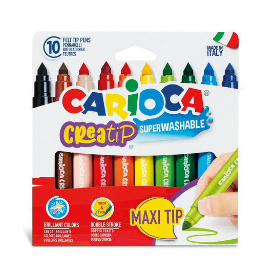Carioca Rotuladores Creatip Maxi | Caja de Punta Cónica para un Doble trato de Escritura | Tinta Superlavable | 10 pcs