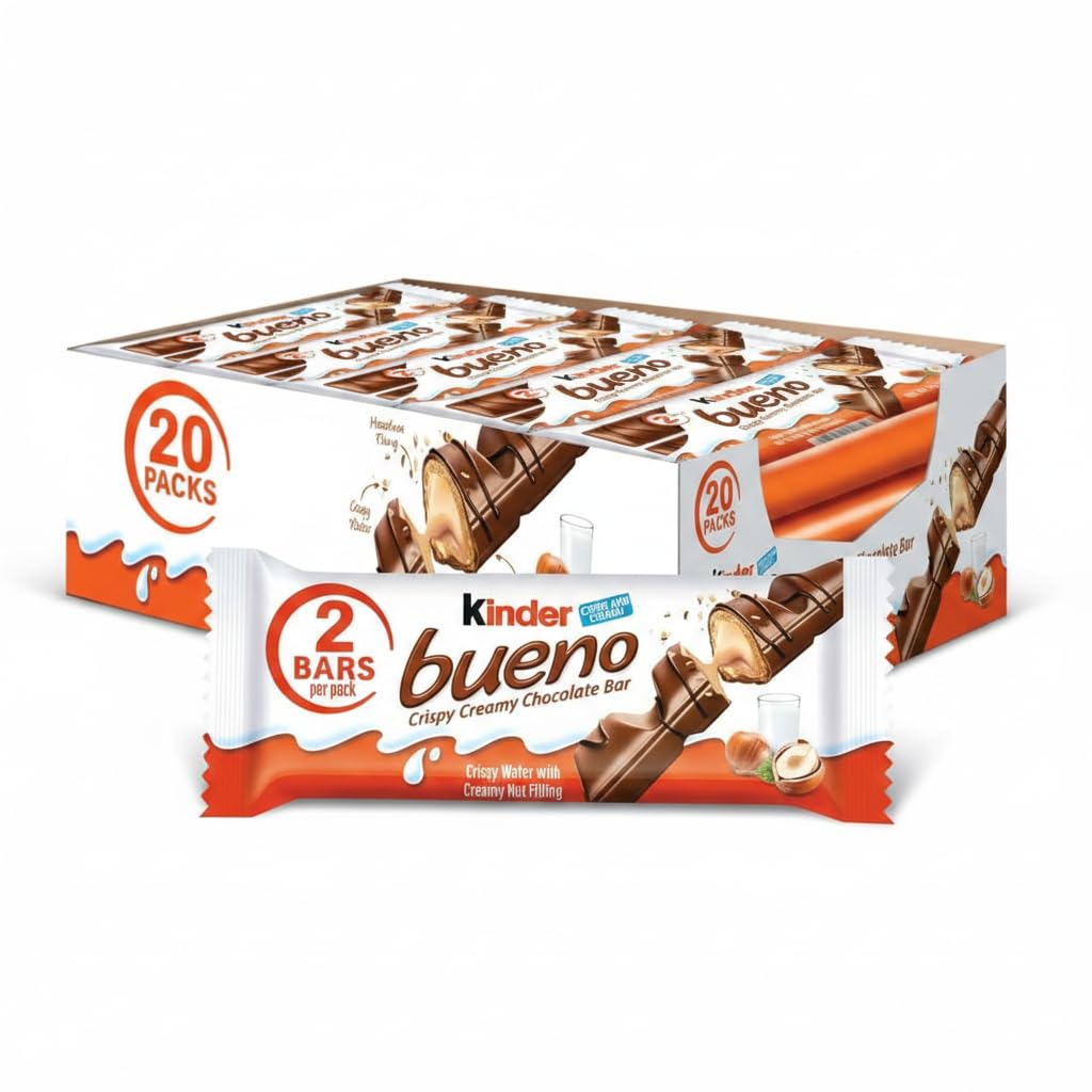 Caja de 20 Packs Dobles de Barritas de Chocolate con Leche, Oblea Crujiente y Relleno Cremoso de Avellana - Kinder Bueno - Formato Ahorro Ideal para Merienda y Oficina - NEXU