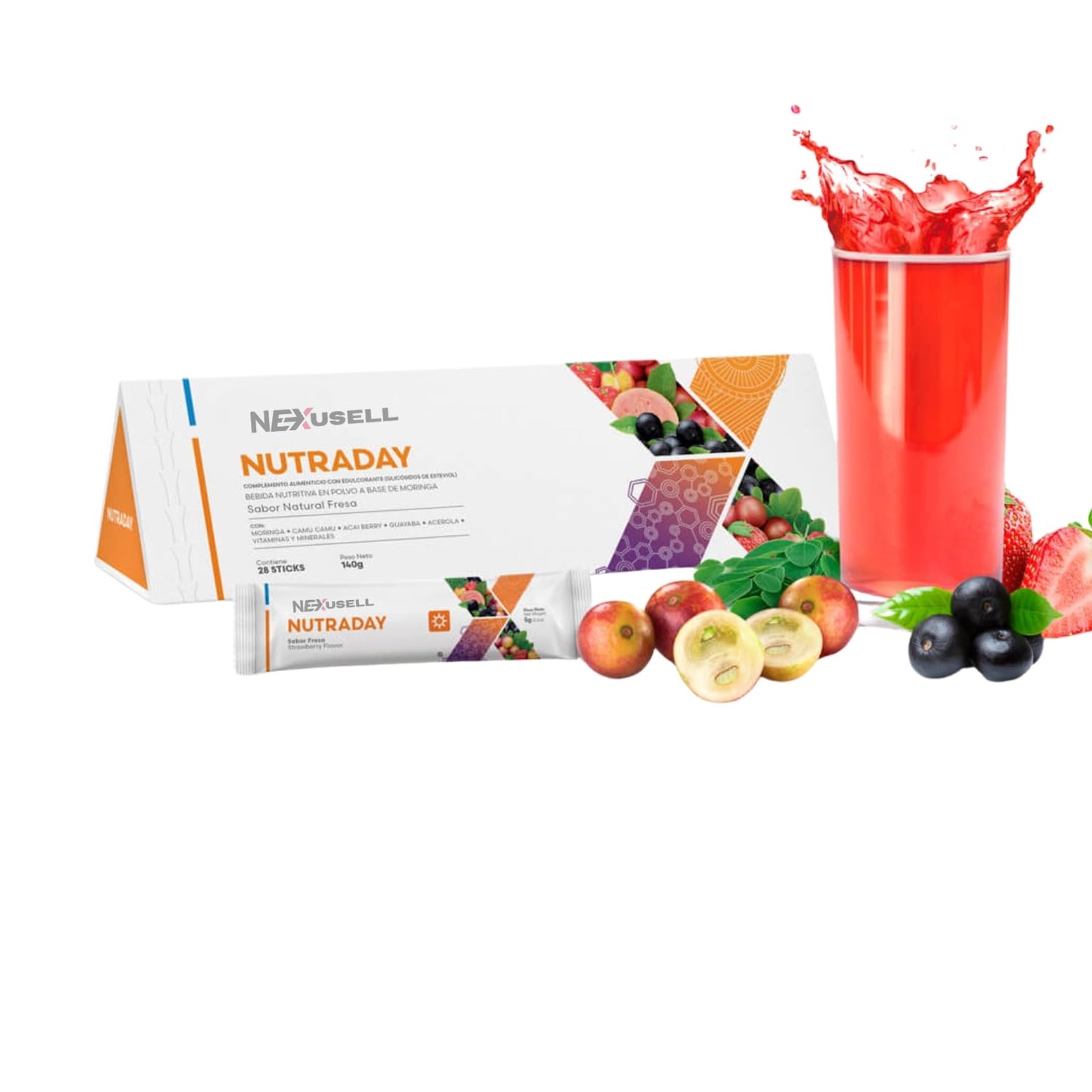 TÉ NUTRADAY Natural con Moringa, Camu Camu y Acai – Bebida Nutritiva en Polvo Sabor Fresa | Vitaminas A, B, C, D, E + Minerales Hierro, Zinc, Selenio | 1 CAJA CON 28 Sticks de 5g