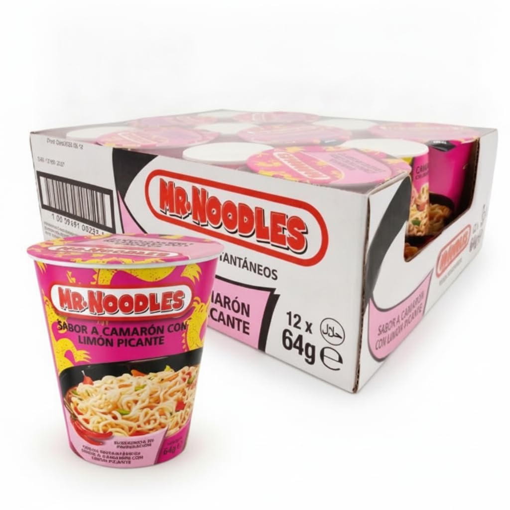 Fideos Instantáneos Sabor Camarón con Limón Picante - Pack de 12 Vasos de 64g - Sopa de Fideos Orientales Listos en 3 Minutos -Mr. Noodles - Ideal para Oficina o Viajes - NEXU