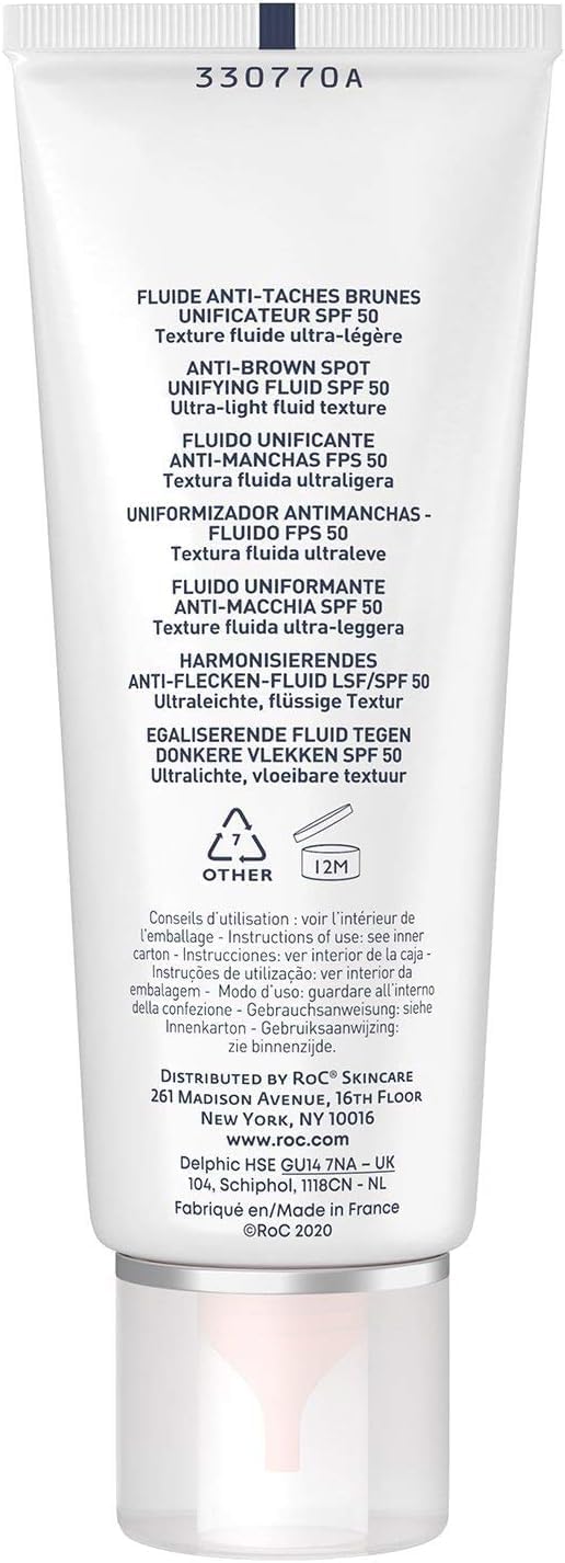 RoC - Soleil-Protect Fluido Unificador Anti Mancha Marrón SPF 50 - Crema Hidratante Facial con Vitamina C - Reduce las Manchas Marrones - 50 ml