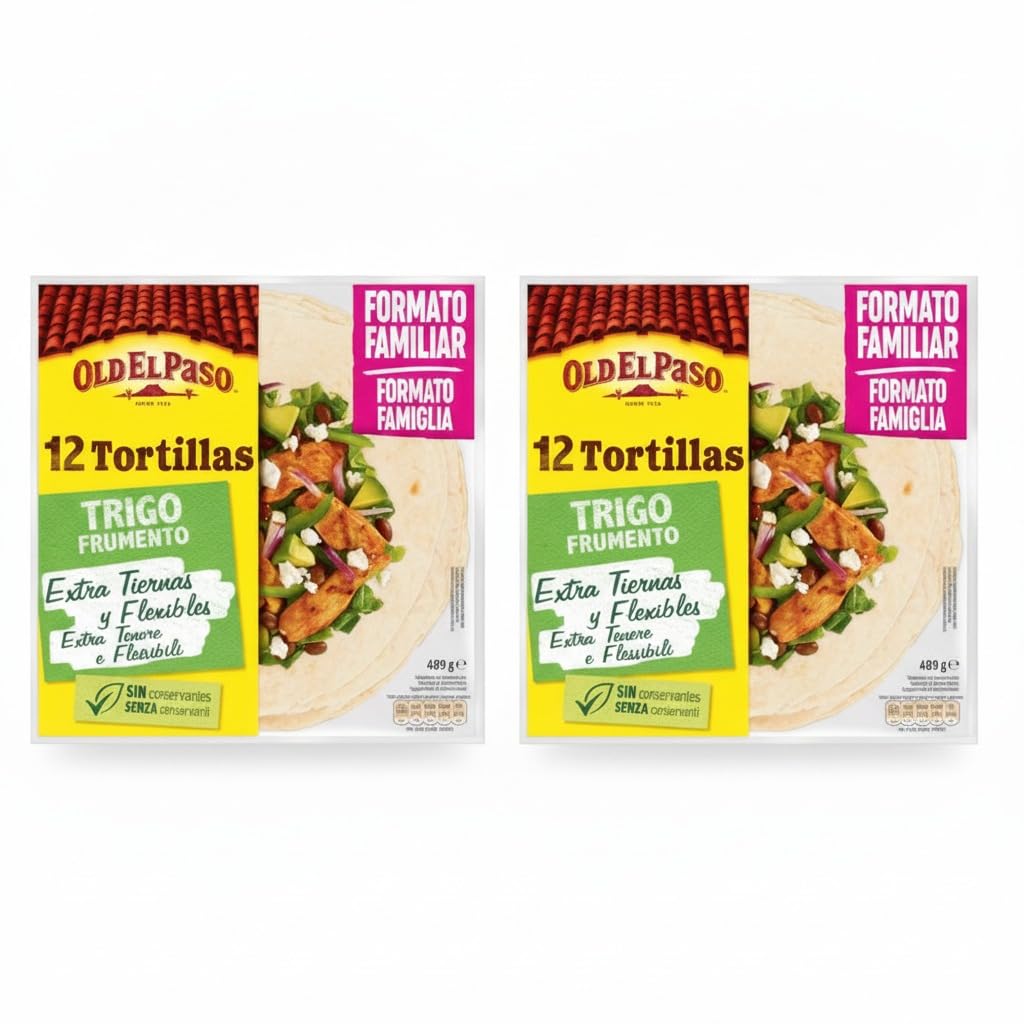 Tortillas de Trigo Tiernas - 2 Pack Familiar de 12 Unidades (489g) (24uds Total 978g) - Ideales para Fajitas, Burritos y Quesadillas - Sin Conservantes - NEXU