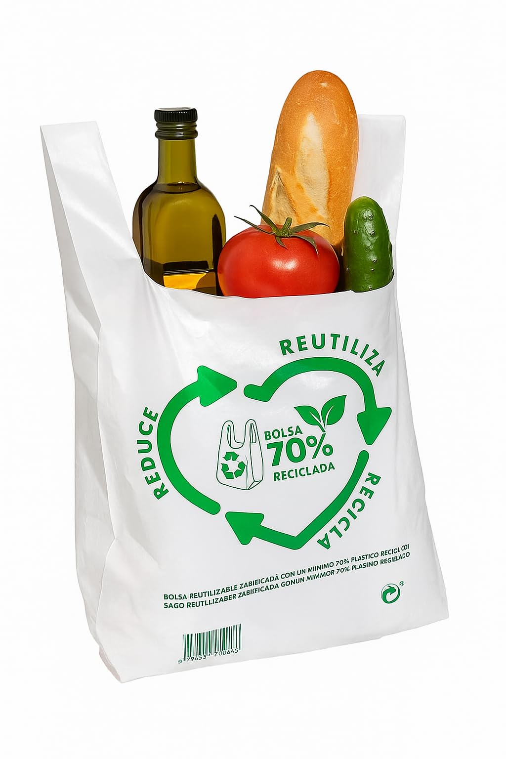 Bolsas plástico. Bolsas asas plástico. Bolsa Camiseta 50 micras 70% reciclado BLANCAS. Bolsa con asas. PACK de 50 unidades. Alta resistencia. (B40x50_)