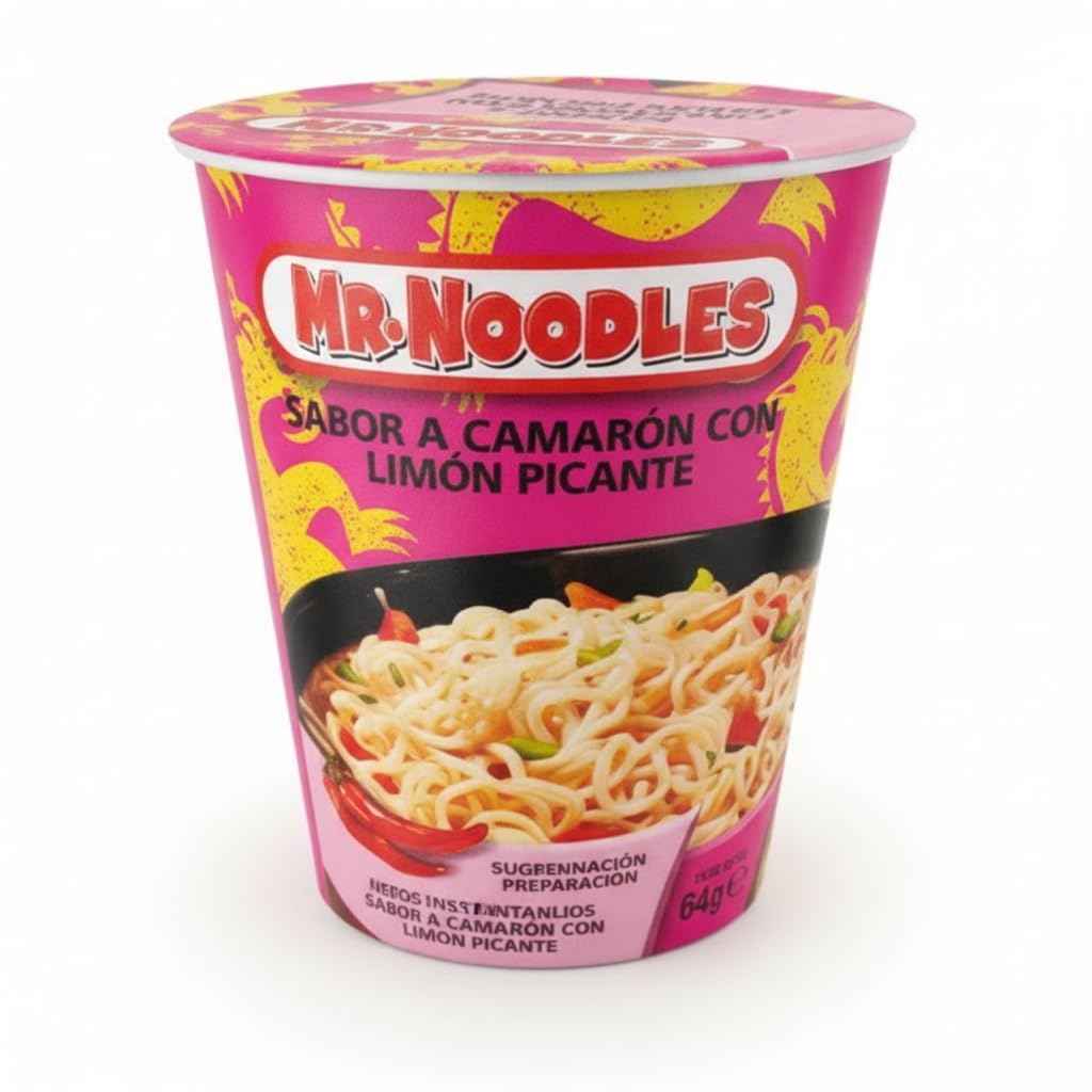 Fideos Instantáneos Sabor Camarón con Limón Picante - Pack de 12 Vasos de 64g - Sopa de Fideos Orientales Listos en 3 Minutos -Mr. Noodles - Ideal para Oficina o Viajes - NEXU