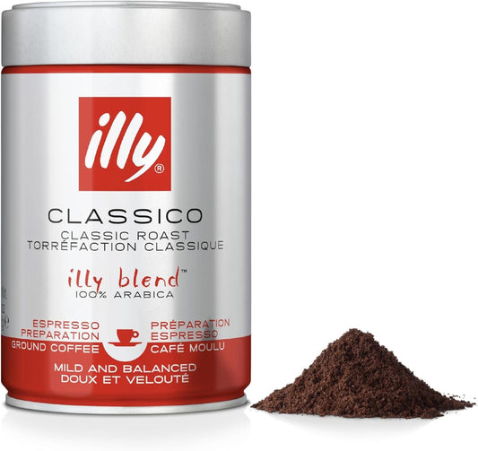 illy, Café Molido Espresso de Tueste CLASSICO, 100% Arábica con Notas de Azahar y Jazmín, Sabor Suave y Sabor Final Dulce, 1 Lata de 250g