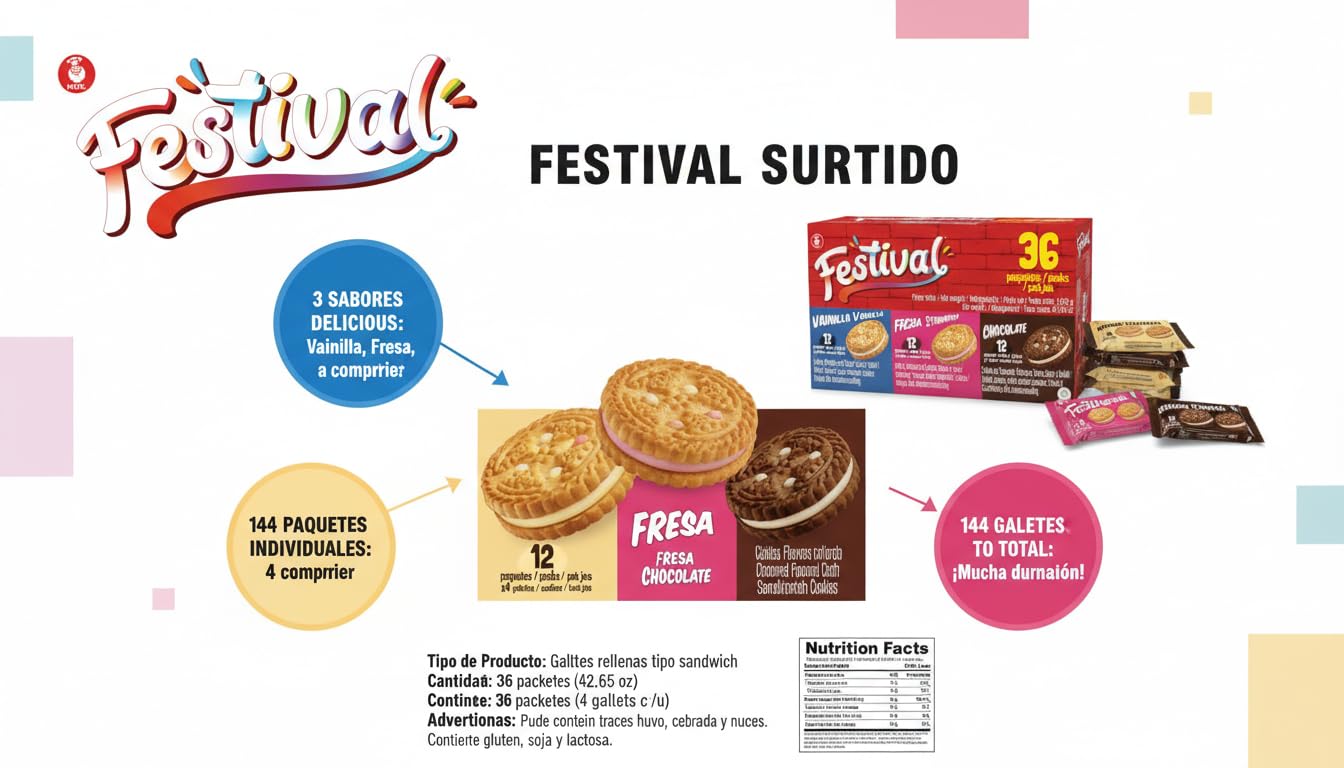 Noel Festival Surtido de Galletas Rellenas tipo Sándwich - 36 Paquetes Individuales (144 Galletas) - Sabores Vainilla, Fresa y Chocolate, 1209g - Snack Ideal para Merienda y Niños