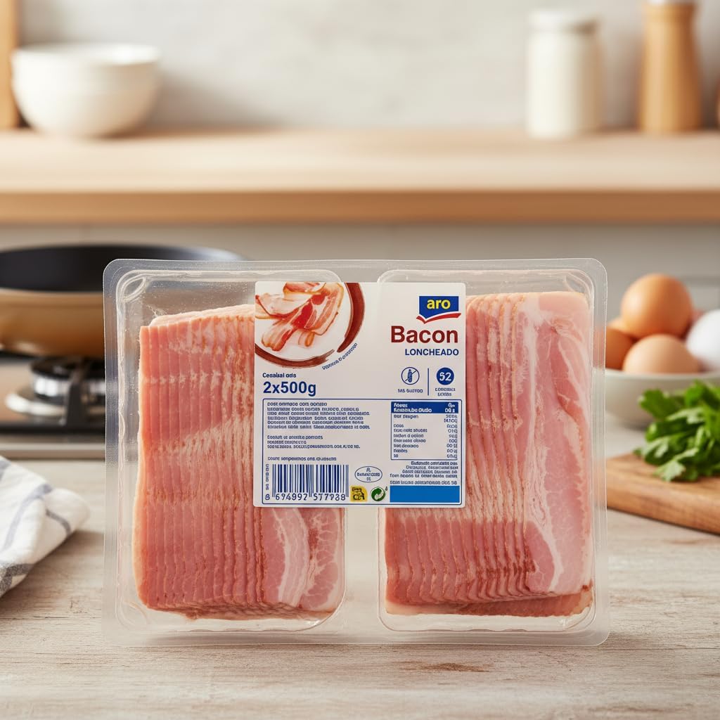 Bacon Loncheado - Panceta de Cerdo Ahumada 95% Carne - Pack 1kg (2x500g) Aprox. 52 Lonchas - Sin Gluten y Sin Lactosa - Aro - Ideal para Desayunos, Hamburguesas y Recetas - NEXU